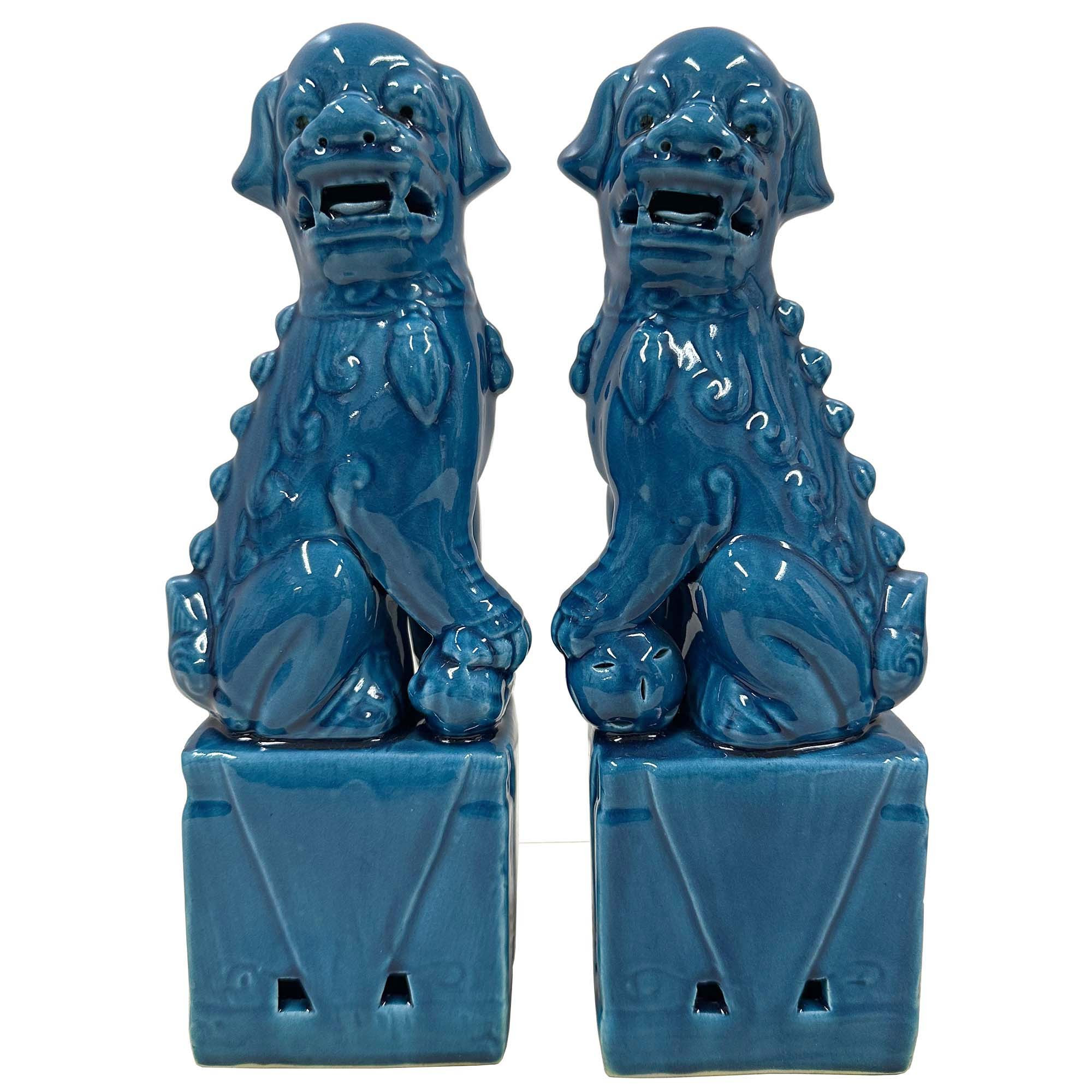 Vintage Chinese Porcelain Turquoise Foo Dog Figurines - a Pair