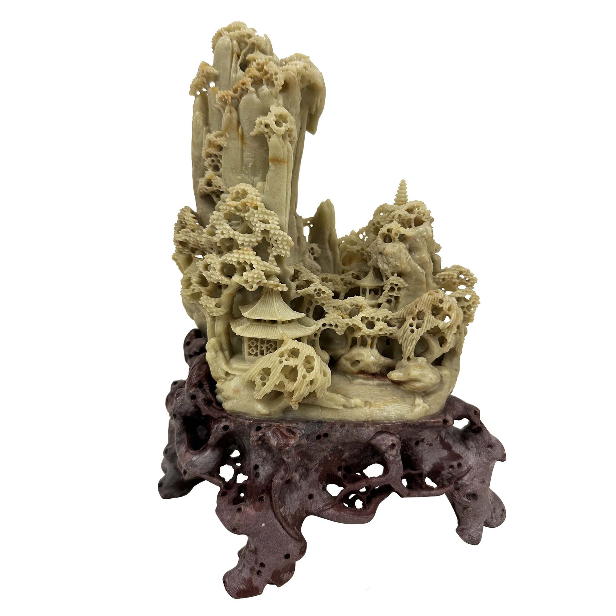 Vintage Hand Carved Chinese Soapstone Mountain Village with Pagoda Landscapes