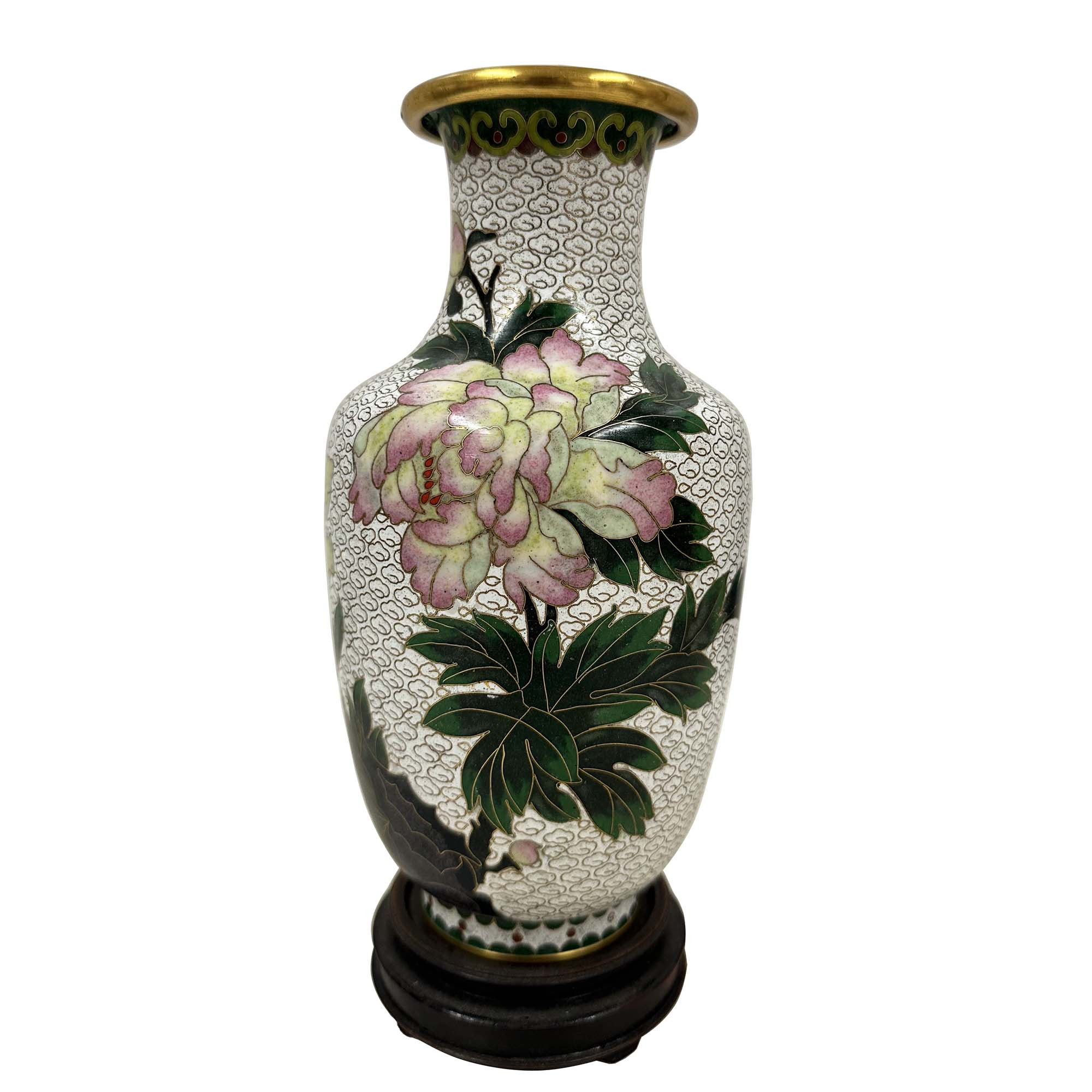 Mid-20th Century Hand-Crafted Vintage Chinese Cloisonne Vase - Peony Blossoms