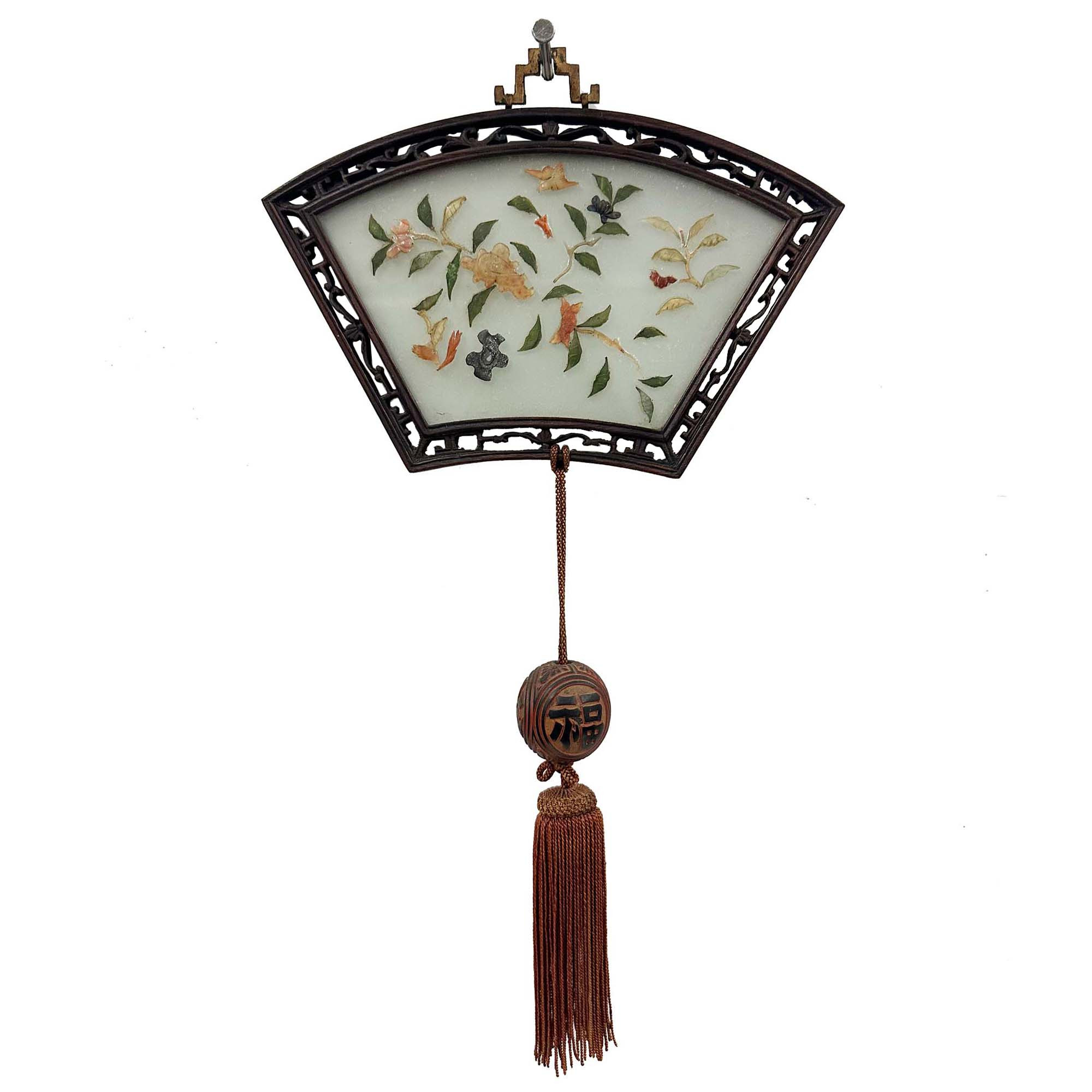 Early 20th Century vintage Chinese fan-shaped wall plaque with tassel