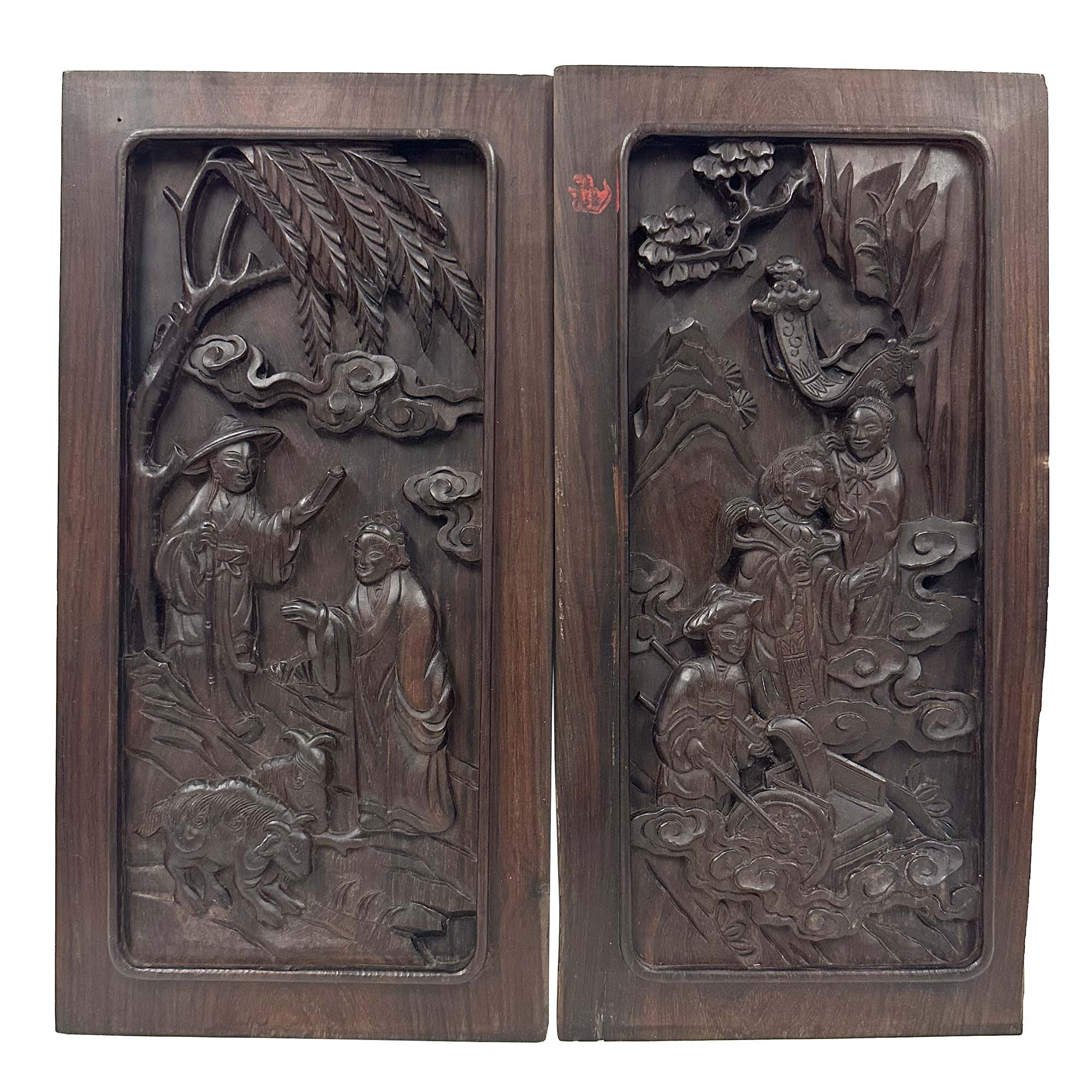 Early 20th Century Hand Carved Traditional Chinese Wood Carving Panels, Set of 2