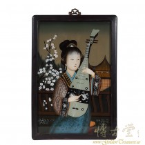 Chinese Antique Portrait Reverse Painting on Glass - girl playing Chinese lute 17LP29