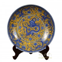 Vintage Chinese Gold Blue Porcelain Dragon Plate