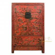 Antique Chinese Red Lacquered Wedding Armoire, Wardrobe with 100s Kids 