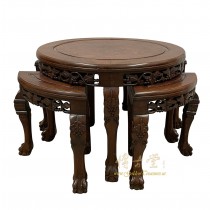 Antique Chinese Rosewood, Burl Wood Top Coffee Table with 4 Nesting stools