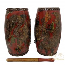 Antique Tibetan Hand Painted Dragon Drums - a Pair
