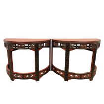 Mid 19th Century Antique Chinese Carved Red Lacquered Half Moon Tables - Set of 2