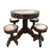 20 Century Antique Chinese Marble Top Hardwood Carved Round Dinning Table set 