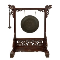 Early 20th Century Antique Chinese Table Gong with Dragon Stand and original mallet