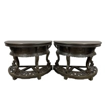 19th Century Antique Chinese Hand Carved Half Moon Tables - Set of 2