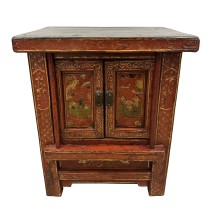 Chinese Late Qing Dynasty Bedside Wooden Cabinet with Period Painting Art Works 