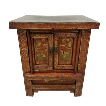 Chinese Late Qing Dynasty Bedside Wooden Cabinet With Period Painting Art Works