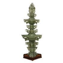 Mid-20th Century Chinese Huge 3 tiers Carved Jade Dragon Tower