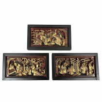 19th Century Chinese 3D Carving Wood Panels Hanging Architectural Element, set of 3