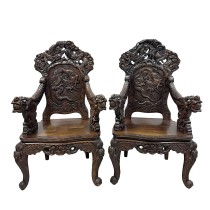 Pair of Antique Japanese Imperial Meiji High Relief Carved Dragon Throne Armchair