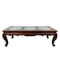 Early 20th Century Chinese Carved Hardwood Coffee Table with Cloisonne Inlay on Top