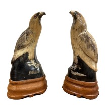 A Pair of Vintage Chinese Buffalo Horn Carved Eagle Sculptures