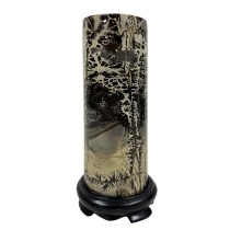 Vintage Cylindrical Picture Jasper Tower on Wood Stand