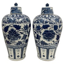 Pair of Mid-20th Century Chinese Blue and White Peony Porcelain Vases with Lid
