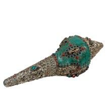 Antique Tibetan Buddhist Conch Shell with Turquoise, Coral and DZI inlay