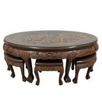 Mid-20th Century Chinese Massive Oval Carved Coffee Table With 6 Nesting Stools