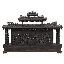 Mid 20th Century Chinese Wooden Carved Pagoda/Nine Dragons Wall