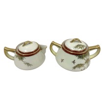 Early 20th Century Japanese Kutani Milk Jar and Sugar bowl, Bamboo motif