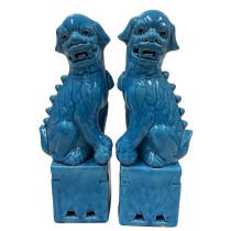 Large Vintage Chinese Porcelain Turquoise Foo Dog Figurines - a Pair