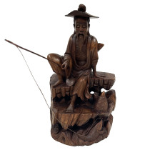 Mid-20th Century Chinese Wooden Carved Jiang Taigong Fishing Statue