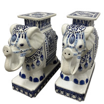 Vintage Chinese Blue and White Porcelain Elephant Garden Stools - a Pair