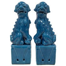 Vintage Chinese Porcelain Turquoise Foo Dog Figurines - a Pair