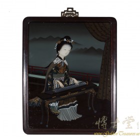 Chinese Antique Portrait Reverse Painting on Glass - girl playing GuZheng 17LP30