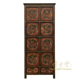 Antique Tibetan Hand Painted Dragon Tall Cabinet