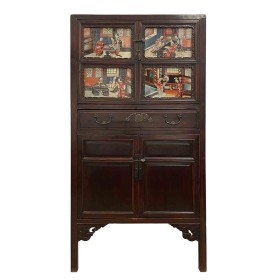 Antique Chinese Carved Fujian Armoire/Dresser With Reverse Painting Glass Doors