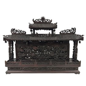 Mid 20th Century Chinese Wooden Carved Pagoda/Nine Dragons Wall